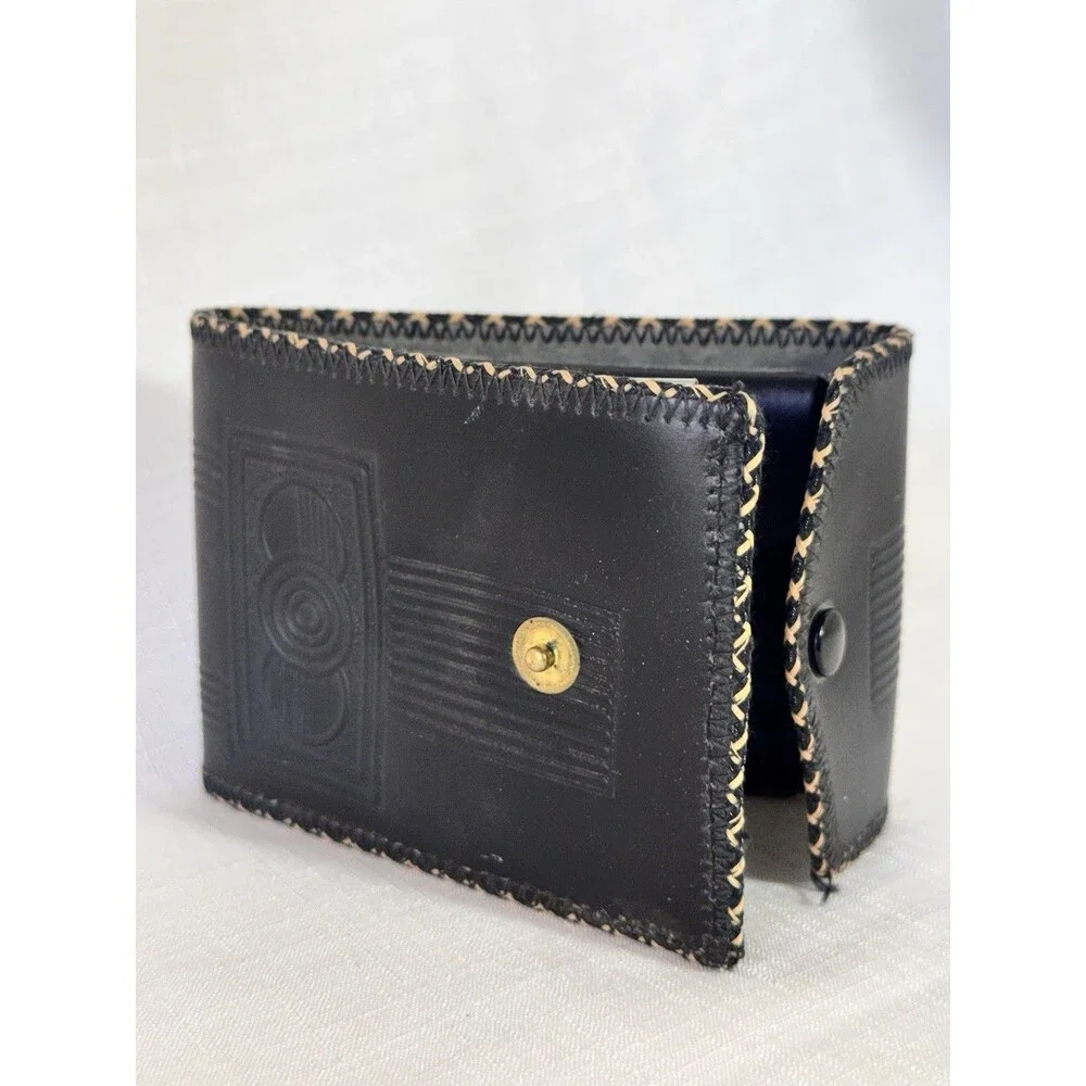 Vintage Western Genuine Cowhide Leather Tri-Fold Wallet Black Art Deco Design